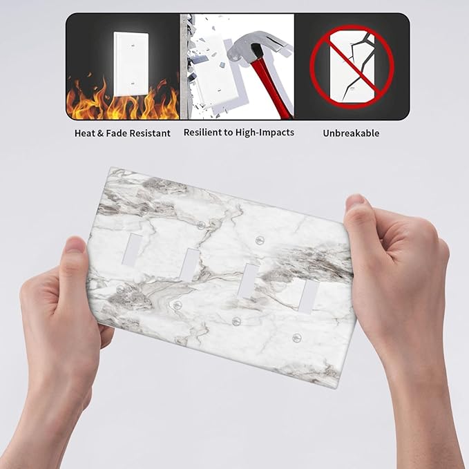 White And Gray Marble Patterns Texture Abstract Print Light Switch Covers Quad Toggle Electrical Faceplate 4 Gang Wall Plate Decorative Switch Plates Cover for Bathroom Kitchen Decor