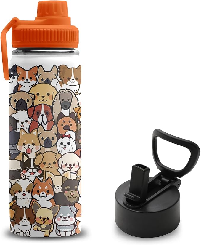 Dogs Gifts for Dog Lovers, 18 oz Stainless Steel Water Bottles with 2 Lids, Insulated Water Bottle with Straw, Dogs Cups for Travel Sports Outdoor, Birthday Christmas Gifts for Boys Girls