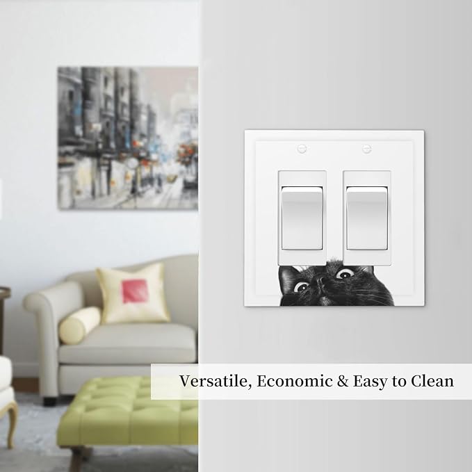 Peeping Black Cat Cute Animals Decorative Outlet Covers 2 Gang Double GFCI Rocker Electrical Wall Panels Light Switch Cover Plate for Kids Room Home Decor
