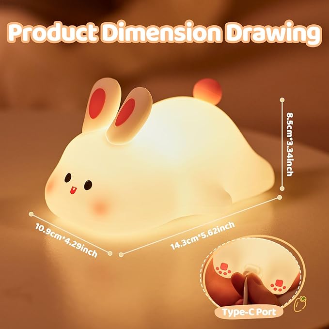 Rytinazzz Big Face Rabbit Night Light, 3-Level Pat Control & Cute Squishy Lamp for Kids Room, USB Rechargeable with Timer, Mothers Day Gifts