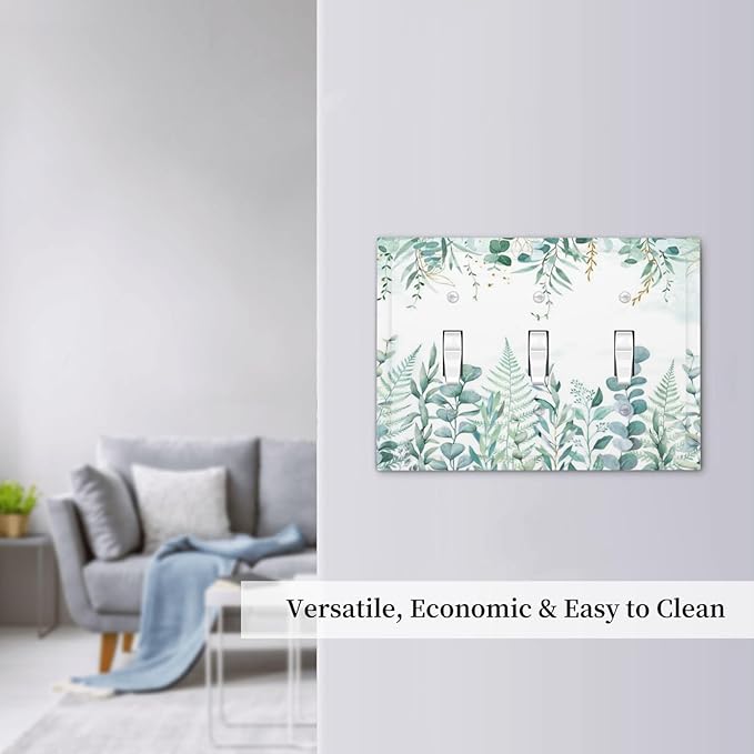 Boho Green Eucalyptus Leaf Floral Sage Flower Decorative Switch Plates 3 Gang Wall Plate Triple Toggle Light Switch Cover Faceplate Electrical Wall Panels for Bedroom Living Room Decor