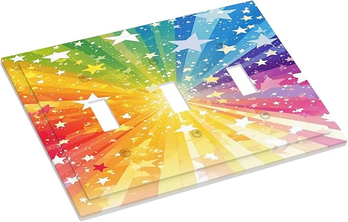 Light Switch Cover Plate Rainbowcolored Rays With White Stars 3 Gang Triple Toggle Decorative Switch Plates Wall Plates Electrical Switchplate Faceplate for Nursery Home Decor