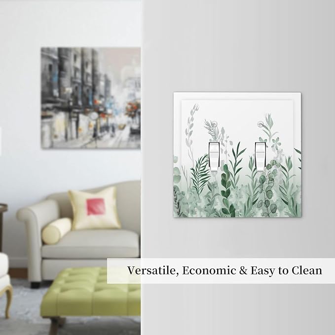 Watercolor Green Leaf Rustic Plant Eucalyptus Flowers Decorative Switch Plates 2 Gang Double Toggle Outlet Light Switch Cover Wall Plate Electrical Faceplate for Bed Room Living Room Decor
