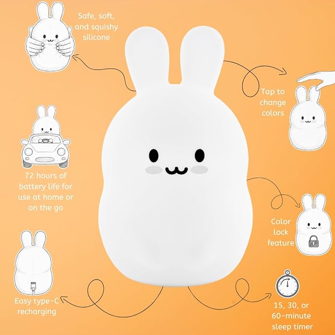 Lumipets Baxter The Bunny Squishy Night Light for Kids | Silicone Lamp with Tap & Remote Control | Rechargeable Color Changing Animal Night Light for Boys & Girls | Portable Nightlight with USB Cord