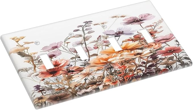 Boho Nursery Wildflower Flora Vintage Flower Light Switch Covers Quad Toggle Electrical Faceplate 4 Gang Wall Plate Decorative Switch Plates Cover for Bedroom Living Room Decor