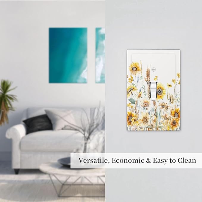 Yellow Floral Sunflowers Wheat Ears Watercolor Wild Flowers Decorative Light Switch Cover 1 Gang Single Toggle Device Electrical Faceplate Switchplates Decorator Outlet Wall Plate for Bedroom Home