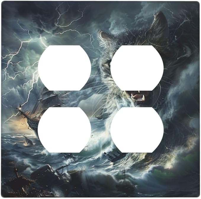 Decorative Outlet Covers funny Cat Stormy sea Lightning Sailboats 2 Gang Decorative Switch Plate Double Duplex Wall Plates Switch Plates and Outlet Covers for Bathroom Kid Room Decor