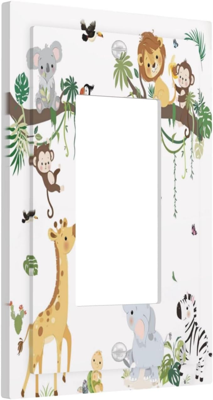 Jungle Animals Tree Branch Monkey Giraffe Lion Elephant Decorative Outlet Covers 1 Gang Single Rocker Light Switch Cover Plate Wall Plates GFCI Faceplate for Kids Room Nursery Decor