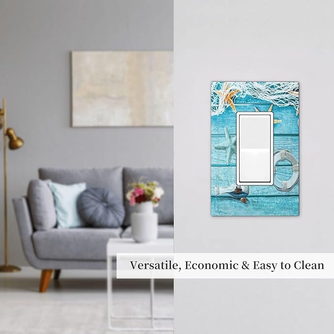 1 Gang Single GFCI/Decorator Rocker Outlet Light Switch Wall Plate Cover Nautical Beach Turquoise Teal Blue Wood Wooden Starfish Shell Net Decorative One Device Electrical Faceplate Cover Dimmer