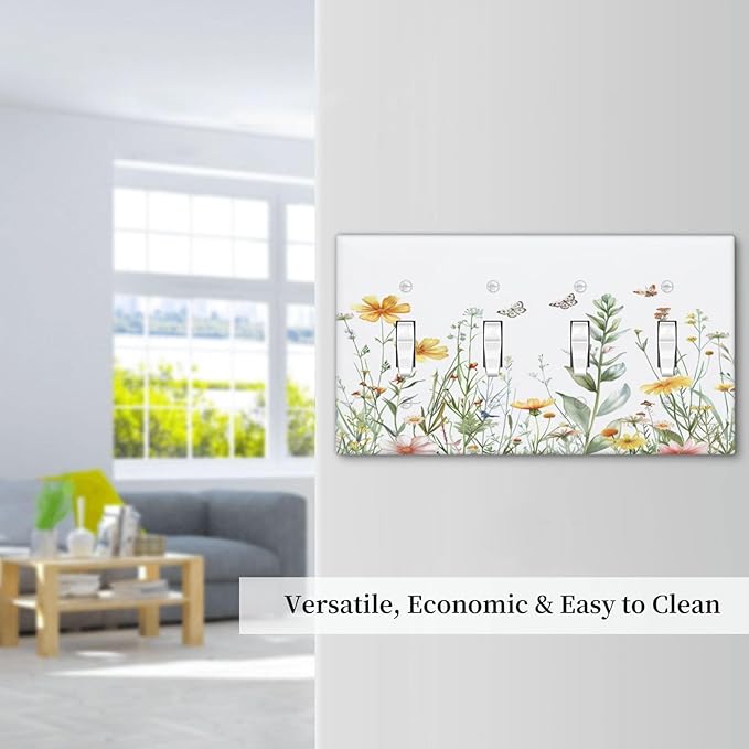Light Switch Cover Plate Rustic Colorful Floral Butterfly Watercolor Flowers 4 Gang Quad Toggle Decorative Switch Plates Wall Panels Electrical Wall Plates Faceplate for Bathroom Bedroom Decor
