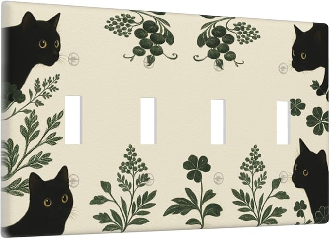 Decorative Light Switch Cover Plate Funny Black Cat Green Leaf 4 Gang Wall Plates for Electrical Outlets Quad Toggle Switch Plate Covers Outlet Covers Faceplate for Bedroom Home Decor