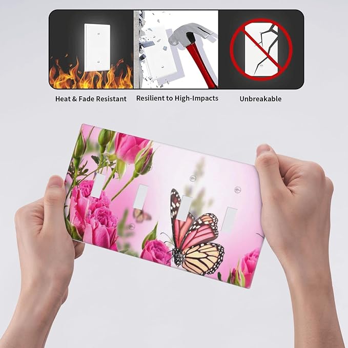 Pink Rose Butterfly Flower 4 Gang Light Switch Cover Decorative Quad Toggle Wall Plate Decorative Electrical Faceplate for Spring Butterfly Floral Kitchen Home Barn Farmhouse Decorate Large 8" x 4.5