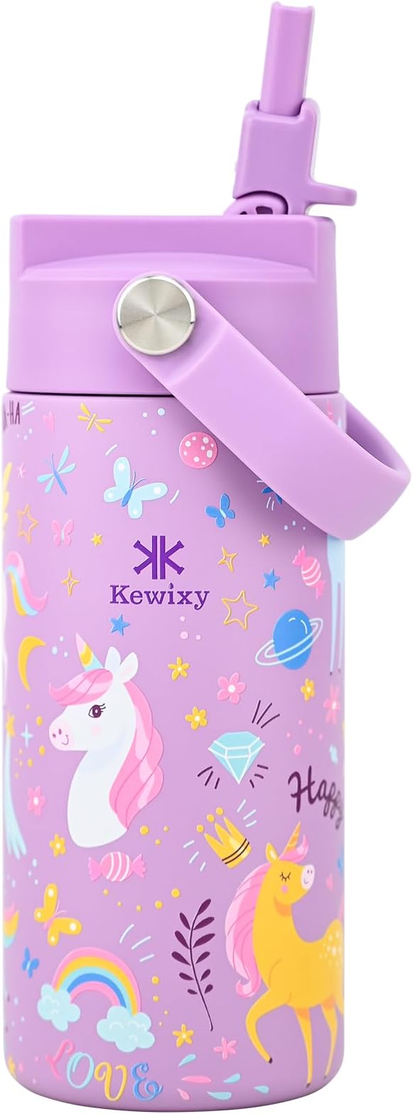 KEWIXY 14oz Water Bottle with Straw, Easy Slide Lid, Leak Proof, Keep Cold 24H, Vacuum Insulated, Metal Stainless Steel with Handle for School, Unicorn Lilac