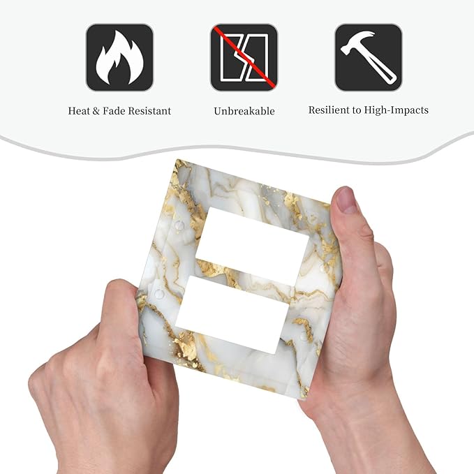 Luxurious White Gold Marble Patterns Abstract Decorative Outlet Covers 2 Gang Double GFCI Rocker Electrical Wall Panels Light Switch Cover Plate for Bathroom Kitchen Decor