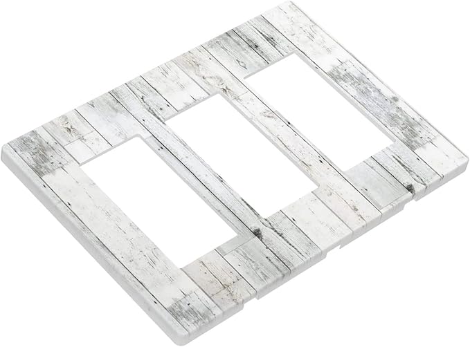 Grey White Wood 3 Gang Triple Rocker/Decor Light Switch Wall Plate Cover Decorative Electrical Faceplate for Kids Living Room Bedroom Decor Screwless 6.57" x 4.65