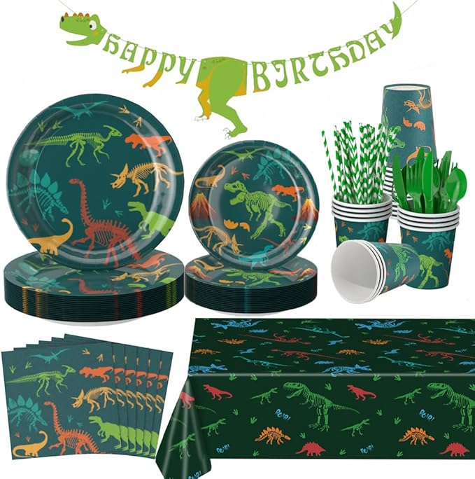 Dinosaur Birthday Decorations Tableware Set Birthday Party Supply Dinosaur Plates Dino Plate for Baby Shower,Disposable Dinosaurs Tableware Set with Tablecloth Cup Banner for Boy Serve 24