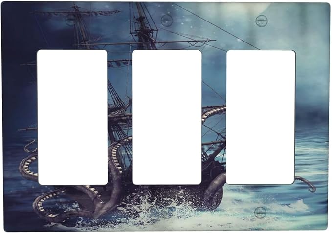 Octopus Ocean Kraken Nautical Pirate Ship 3 Gang Rocker Light Switch Covers Decorative Unique Triple Outlet Wall Plate Cover Faceplate Decorative Switchplate GFCI for Kitchen Bedroom Decor