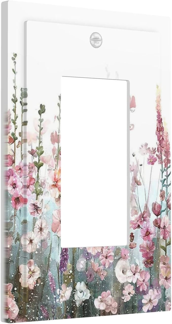 Colorful Flowers Pink Floral Watercolor Plant Decorative Outlet Covers 1 Gang Single Rocker Light Switch Cover Plate Wall Plates GFCI Faceplate for Bed Room Living Room Decor