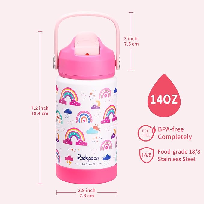 rockpapa 14 oz Kids Insulated Water Bottle，Stainless Steel Toddler Cups with Straws, BPA Free, Leak-Proof, Kids Water Bottle for School Boys& Girls (White Rainbow)