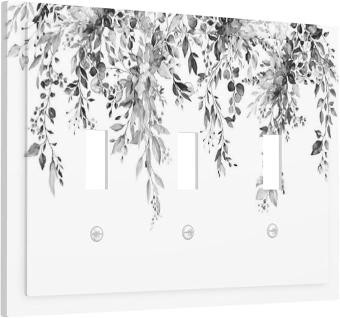 Decorative Switch Plates Grey Floral Plant Eucalyptus Leaf Flower 3 Gang Wall Plate Triple Toggle Light Switch Cover Faceplate Electrical Wall Panels For Bed Room Living Room Decor