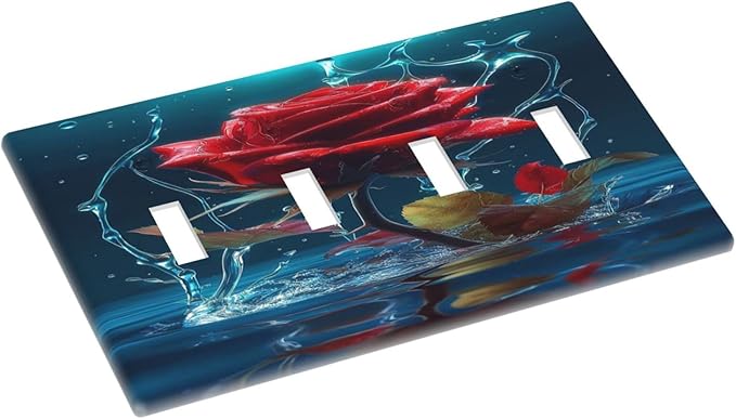 Red Rose Blue Water Drips Quad Toggle Light Switch Cover Decorative 4 Gang Wall Plate Covers Electrical Faceplate Switchplate for Kidroom Bathroom Bedroom Living Room Decor