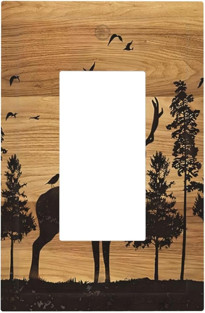 Elk Moose Forest Hunting Pyrography Art Wood Texture Print Decorative Outlet Covers 1 Gang Single Rocker Light Switch Cover Plate Wall Plates GFCI Faceplate for Farmhouse Bedroom Decor