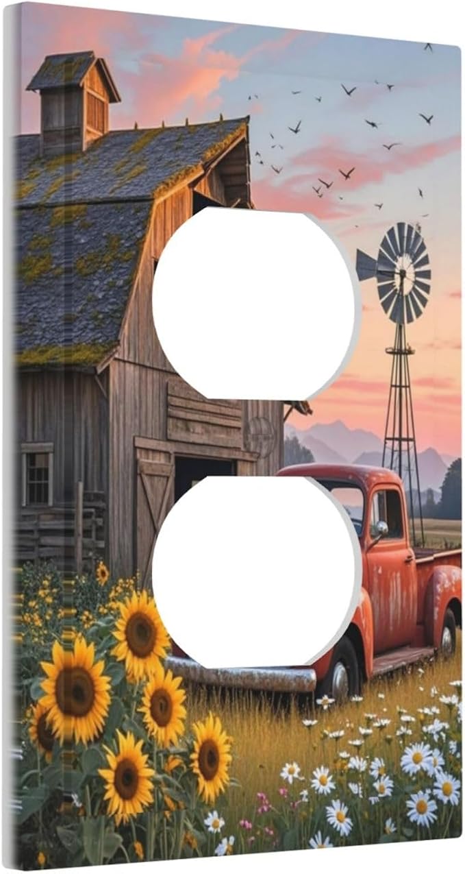 Rustic Barn Red Truck Windmill Sunflower Outlet Covers 1 Gang Duplex Light Switch Cover Decorative Switch Plates Electrical Receptacle Faceplate Wall Plate for Farmhouse Home Decor