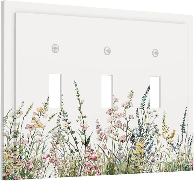 Decorative Switch Plates Boho Wildflower Green Leaves Rustic Floral Botanical 3 Gang Wall Plate Faceplate Triple Toggle Light Switch Cover Electrical Wall Panels for Bedroom living Room Decor