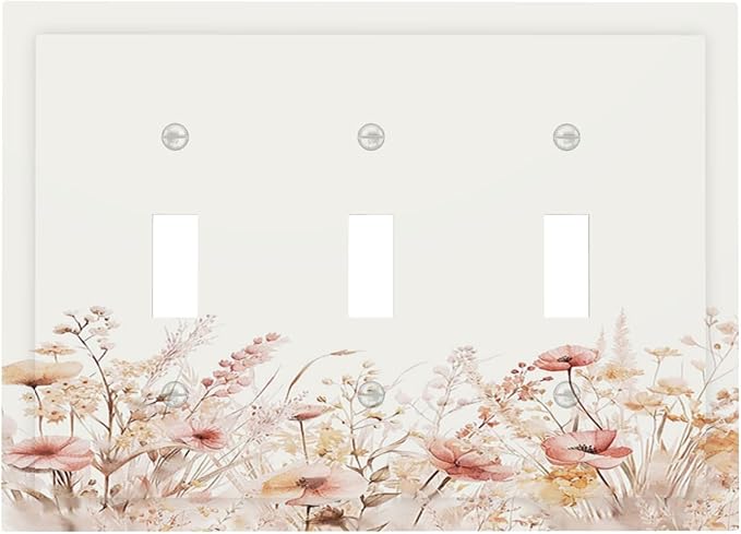 Decorative Light Switch Cover Plate Boho Floral Watercolor Flower Pattern 3 Gang Wall Plate Triple Toggle Switch Plate Covers Electrical Outlet Cover for living Room Home Decor