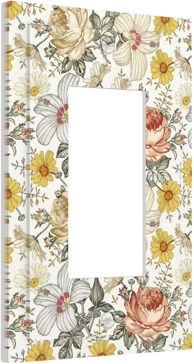 Multicolor Peony Daisy Vintage Floral Flower Decorative Outlet Covers 1 Gang Single Rocker Light Switch Cover Plate Wall Plates GFCI Faceplate for Bedroom Living Room Decor