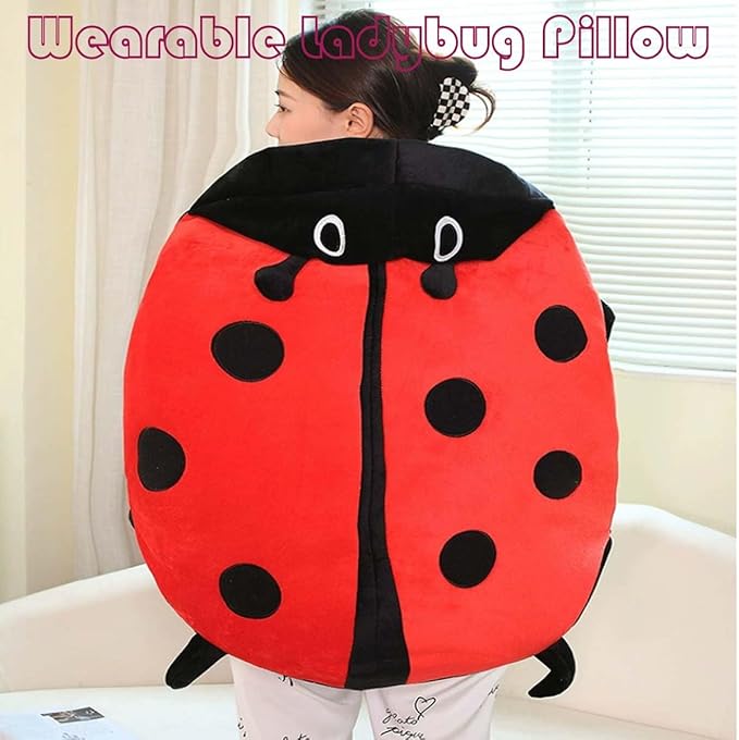 Wearable Ladybug Pillow, 23.6/39.4in Cute Warm Removable Sleeping Wearable Lady Bug Wearable Pillows with Hat for Xmas Gift (39.3 in)