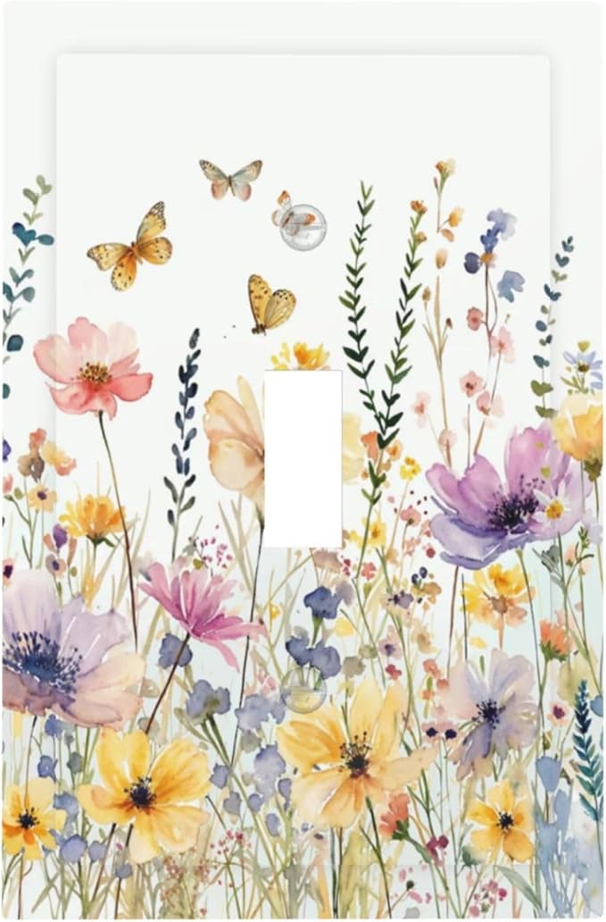 Wildflowers Colorful Flower Butterfly Floral Decorative Light Switch Cover 1 Gang Single Toggle Device Electrical Faceplate Switchplates Decorator Outlet Wall Plate for Farmhouse Bedroom Decor