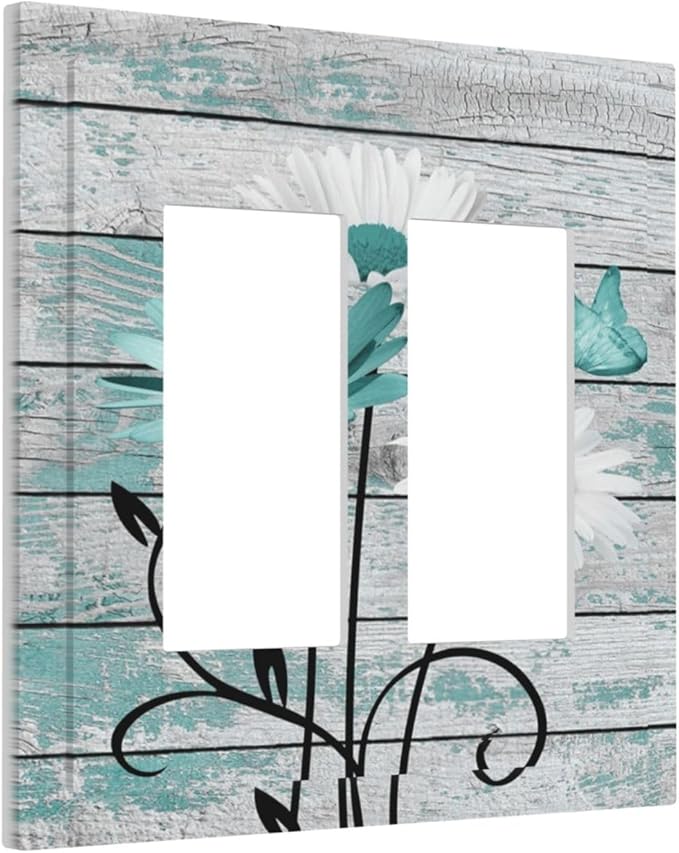 Teal White Daisy Flower Butterfly On Rustic Wood Board Decorative Outlet Covers 2 Gang Double GFCI Rocker Electrical Wall Panels Light Switch Cover Plate for Farmhouse Bedroom Decor