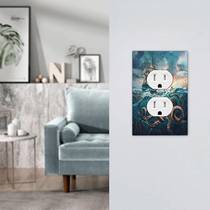 Decorative Outlet Covers Sailboat Ship Octopus Ocean Sea Waves 1 Gang Duplex Light Switch Cover Plate Electrical Switch plates Wall Plates Receptacle Covers for Bathroom Bedroom Decor