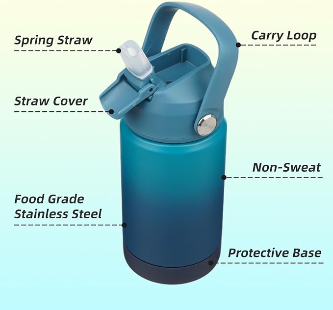 Konokyo Insulated Water Bottle with Straw Lid,12 oz Stainless Steel Vacuum Metal Bottle with Silicone Handle,Vast