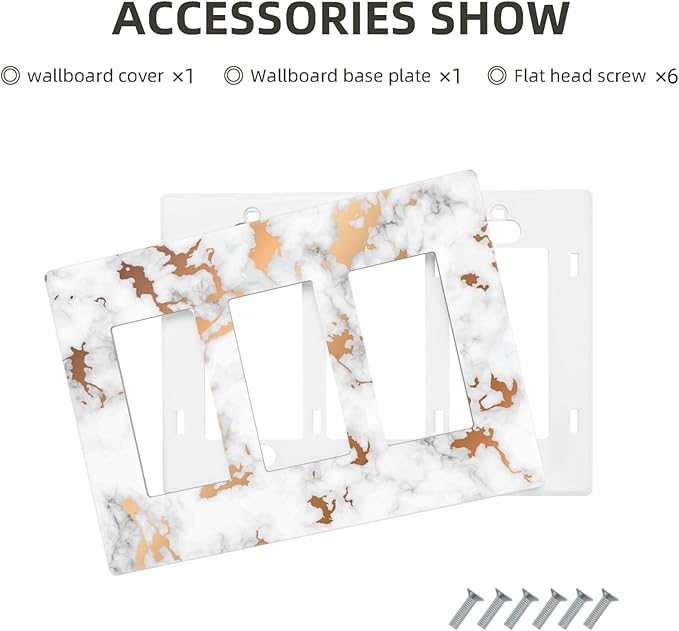 Lexury White Red Golden Marble 3 Gang Triple Rocker/Decora Light Switch Wall Plate Cover Decorative Electrical Faceplate Switchplate for Bathroom Living Room Decor