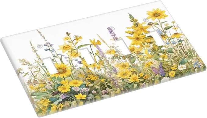 Wildflowers Sunflower Lavender Daisy Floral Light Switch Covers Quad Toggle Electrical Faceplate 4 Gang Wall Plate Decorative Switch Plates Cover for Bedroom Living Room Decor