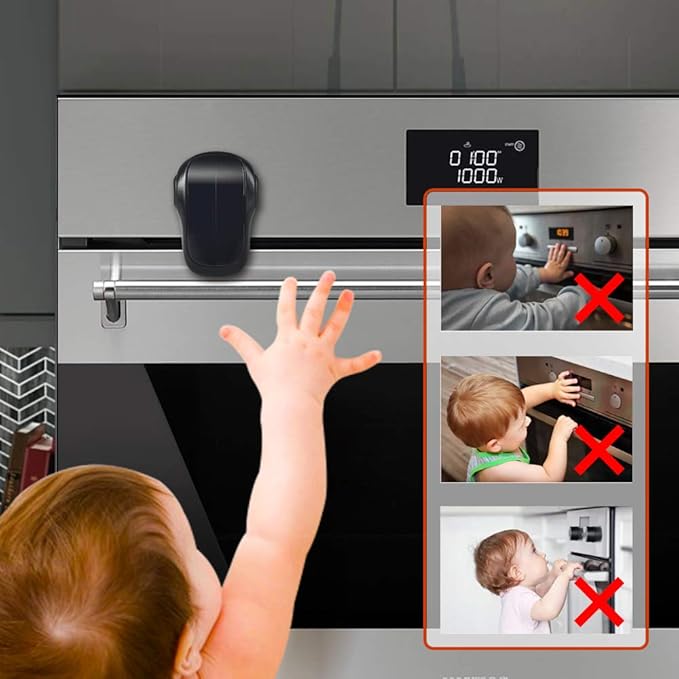 EUDEMON Child Safety Heat-Resistant Oven Door Lock, Oven Front Lock for Kids Easy to Install, Use Adhesive,No Screws or Drill (1 Pack,Black)(ONLY for Flat Surface)
