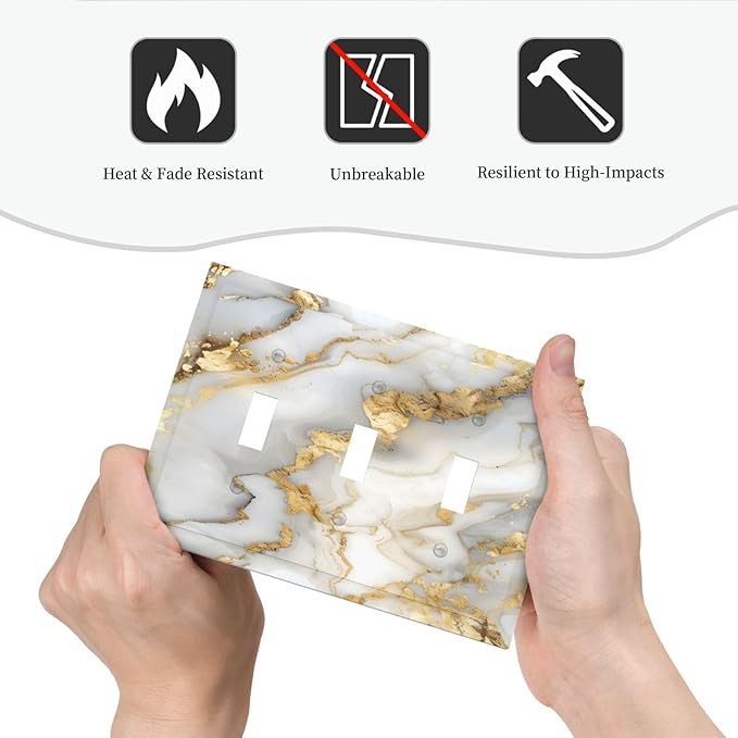 Luxurious White Gold Marble Patterns Abstract Decorative Switch Plates 3 Gang Wall Plate Triple Toggle Light Switch Cover Faceplate Electrical Wall Panels for Bathroom Kitchen Decor