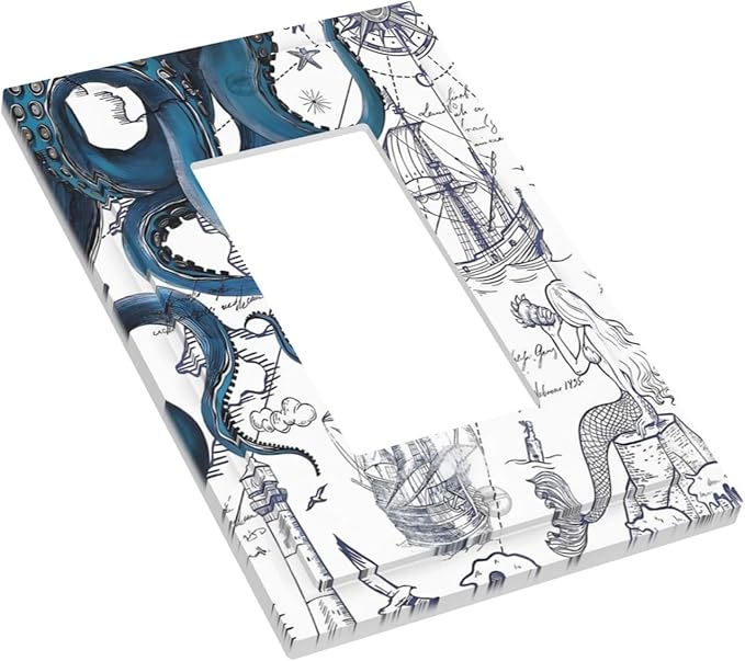 Nautical Vintage Map Octopus Mermaid Lighthouse Boat Decorative Outlet Covers 1 Gang Single Rocker Light Switch Cover Plate Wall Plates GFCI Faceplate for Bathroom Kids Room Decor