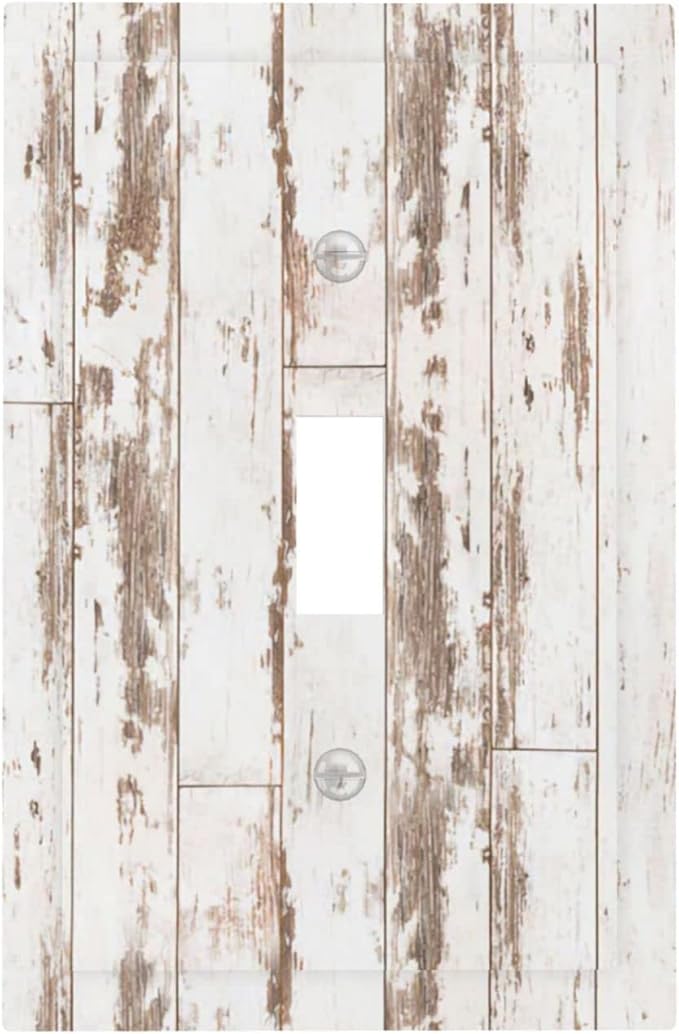 Rustic Cabin Barn White Wooden Brown Farmhouse 1 Gang Light Switch Plate Decorative Single Toggle Wall Plate Cover Electrical Switchplate Faceplate For Country Vintage Bedroom Room Decorate