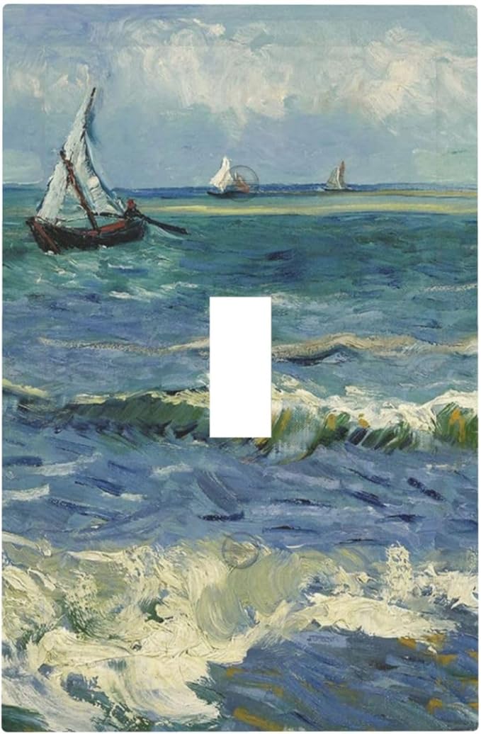 Nautical Ocean Waves Sailboat Painting Blue Sky Decorative Light Switch Cover 1 Gang Single Toggle Device Electrical Faceplate Switchplates Decorator Outlet Wall Plate for Bathroom Bedroom Decor