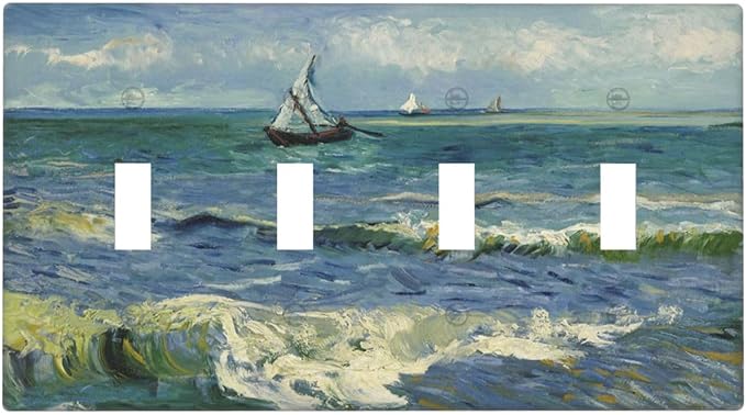 Nautical Ocean Waves Sailboat Painting Blue Sky Light Switch Covers Quad Toggle Electrical Faceplate 4 Gang Wall Plate Decorative Switch Plates Cover for Bathroom Bedroom Decor