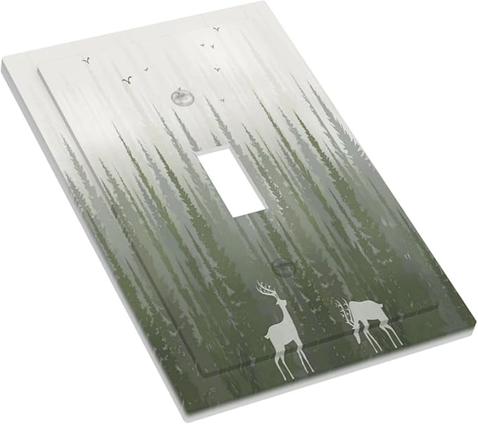 Green Pine Tree Deer Country forest Bird Nature Mist Decorative Light Switch Cover 1 Gang Single Toggle Device Electrical Faceplate Switchplates Decorator Outlet Wall Plate for Bedroom Home Decor