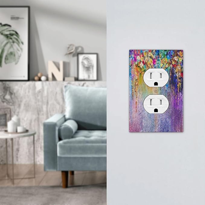 Colorful Floral Watercolor Flower 1 Gang Outlet Plate Covers Decorative Single Duplex Wall Plate Purple Electrical Receptacle Light Switch Cover Art Faceplate Switchplate for Farmhouse BedRoom Decor