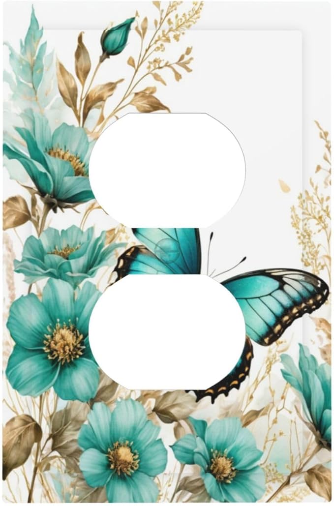 Decorative Outlet Covers Butterfly on Blue Daisy Flower Floral Golden Leaf 1 Gang Duplex Light Switch Cover Plate Wall Plates for Electrical Outlets Electrical Switchplate Face Plate