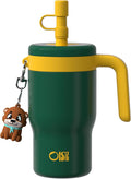 OISIZ 14oz Kids Tumbler with Straw Lid & Handle,Kids Cup with Animal Accessory for School,Kids Water Bottles with Dust-proof Cover,Leakproof Water Bottles,316 Stainless Steel,Keep Cold 24 Hours-green