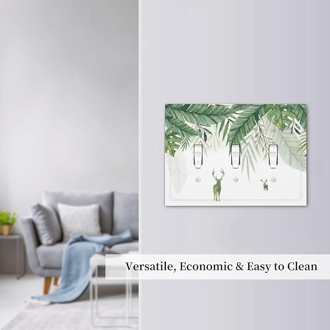 Deer Banana Leaves Palm Trees Green Plants Decorative Switch Plates 3 Gang Wall Plate Triple Toggle Light Switch Cover Faceplate Electrical Wall Panels for Bed Room Living Room Decor