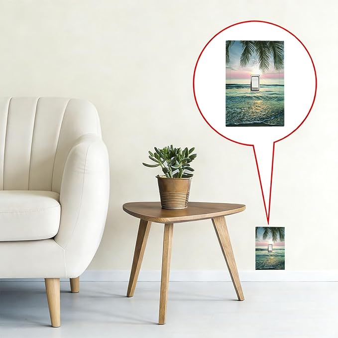 Tropical Beach Sunset 1-Gang Toggle Light Switch Plate, Palm Fringe Ocean View Decorative Wall Plate for Pool Beach House Decor