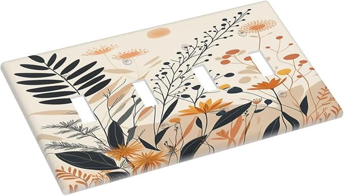 Light Switch Cover Minimalist Floral Boho Botanical Wildflowers 4 Gang Quad Toggle Decorative Switch Plates Electrical Wall Plates Faceplate for Bathroom Bedroom Decor